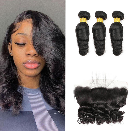 Loose Wave 100% Human Hair 3 Bundles With 13x4 Lace Frontal Natural Black