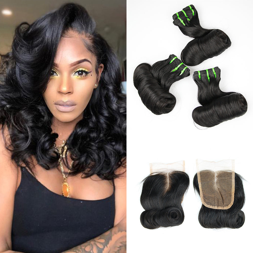 1b# Egg Curly Fumi Hair 3 Bundles With 4x4 Lace Closure
