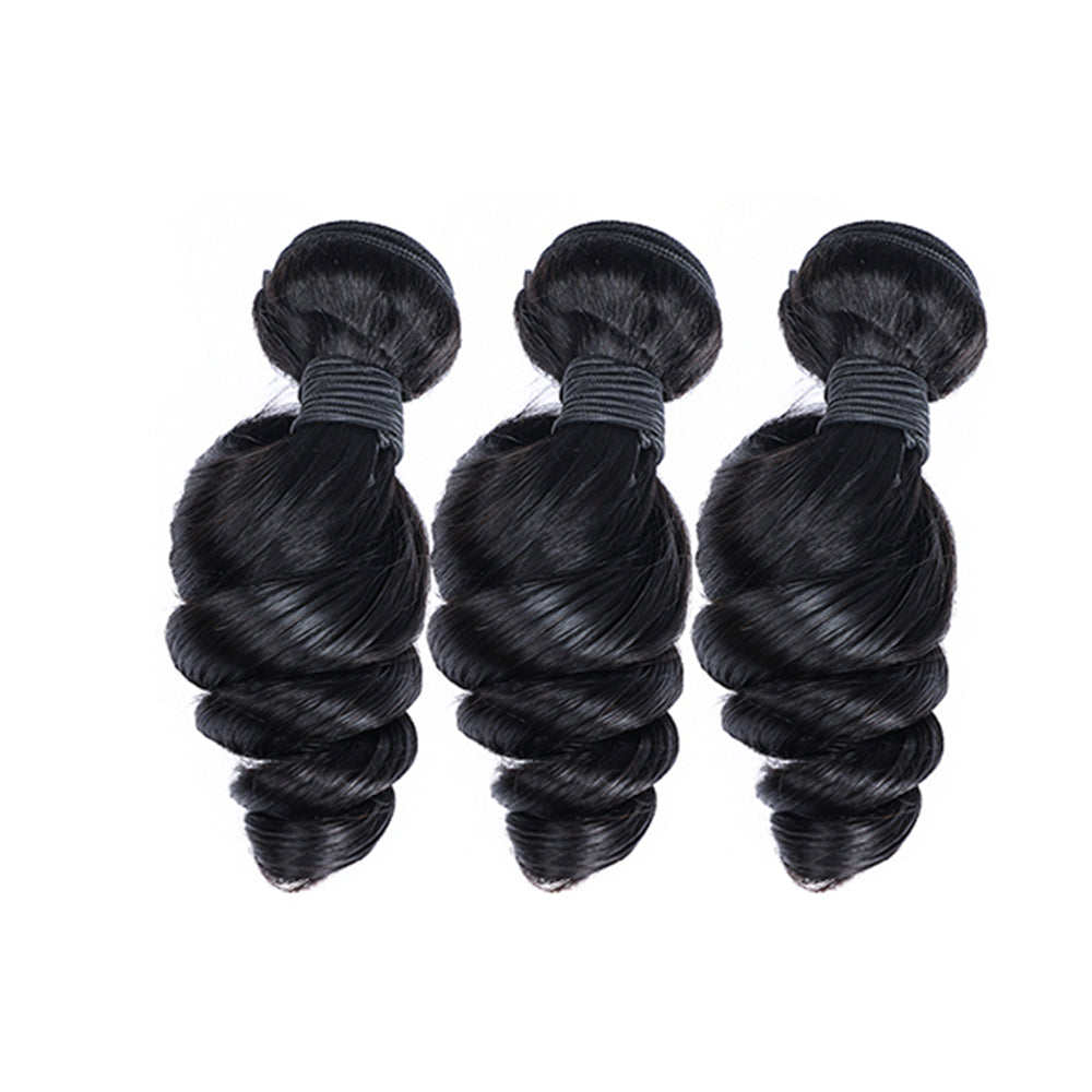 Loose Wave Remy Human Hair 3 Bundles With 4x4 Lace Closure Natural Black
