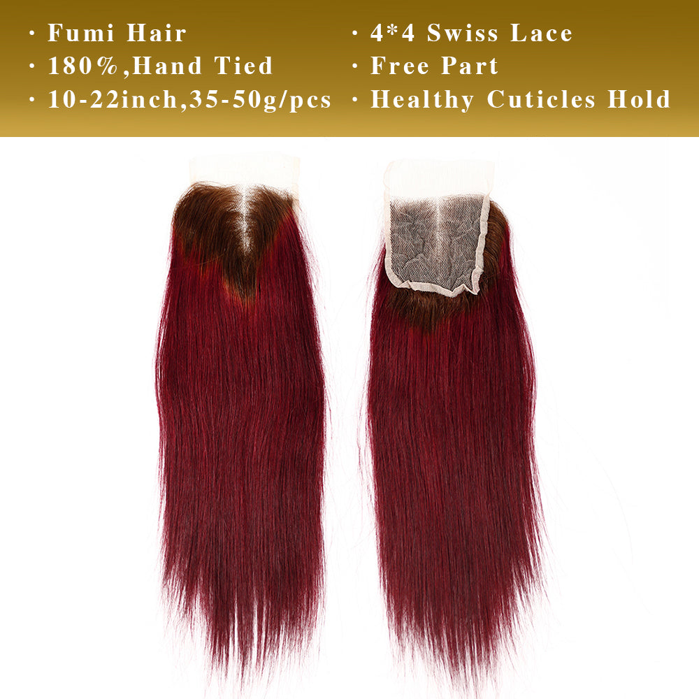 4/99j# Straight Fumi Hair 4x4 Lace Closure Natural Black