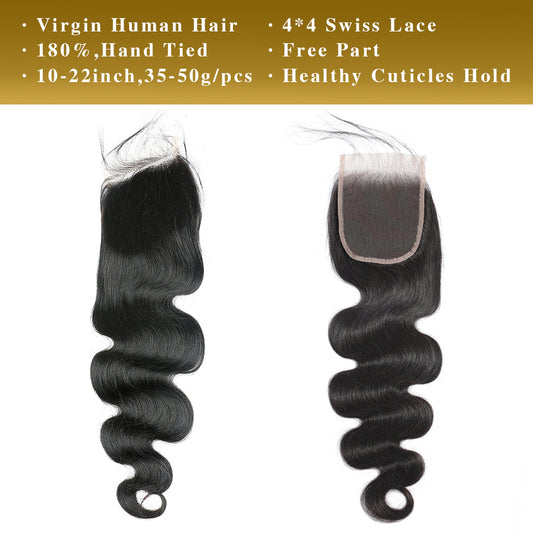 Body Wave Virgin Human Hair 4x4 Lace Closure Natural Black