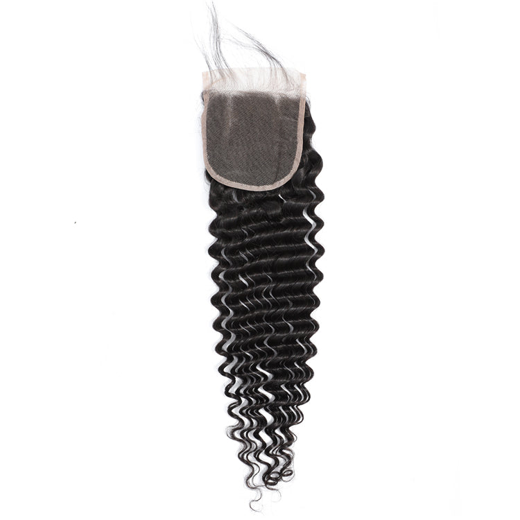 Deep Wave Remy Human Hair 3 Bundles With 4x4 Lace Closure Natural Black