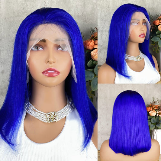 Special Remy Human Color Hair Staight Navy Blue Bob Wig