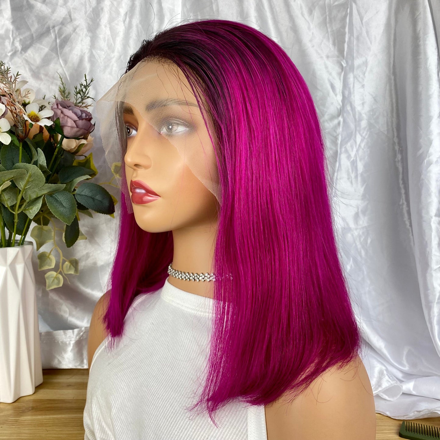 Special Remy Human Color Hair Nature/Fuchsia Bob Wig