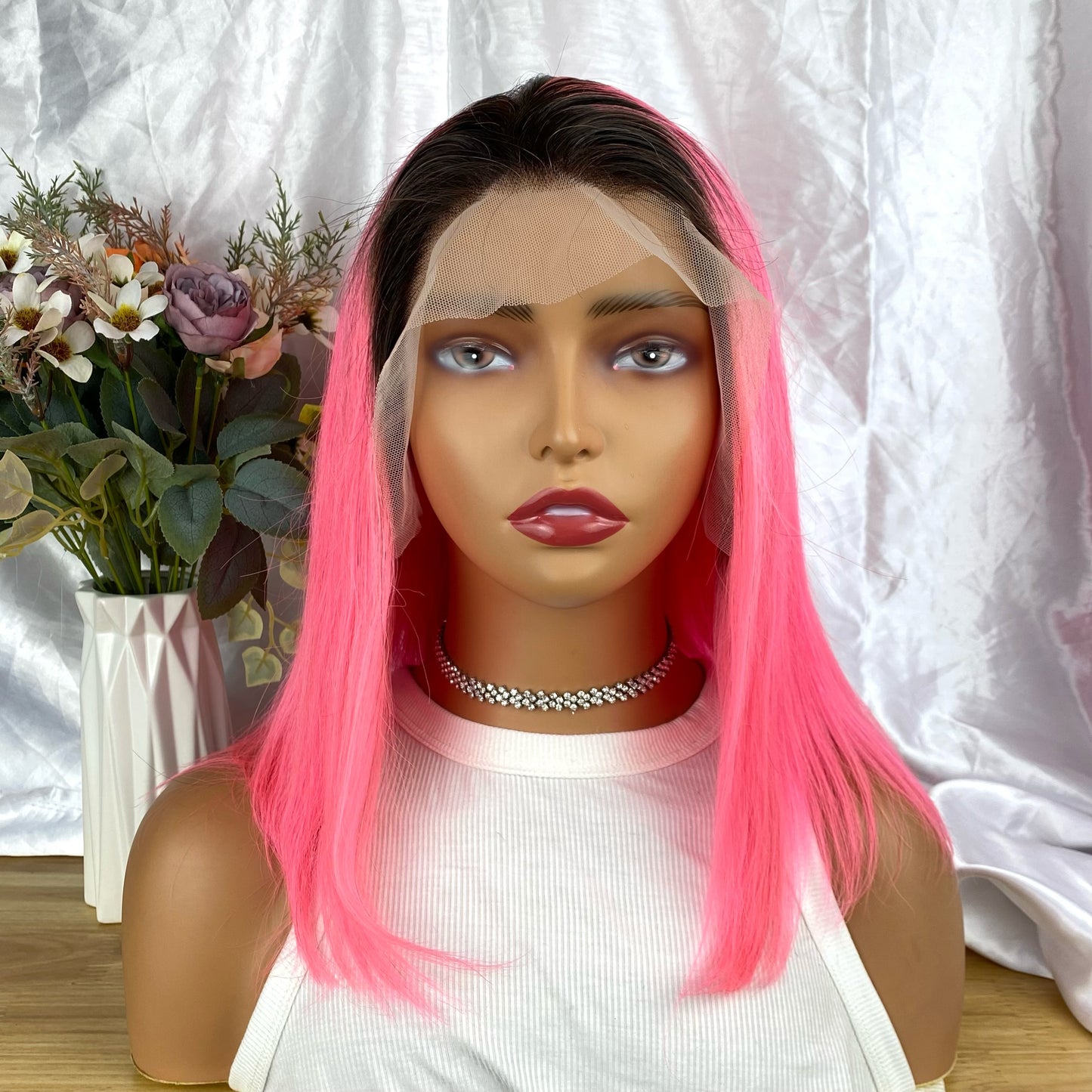 Special Remy Human Color Hair Nature/Pink Bob Wig