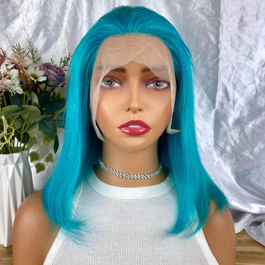 Special Remy Human Color Hair Staight Sea Blue Bob Wig