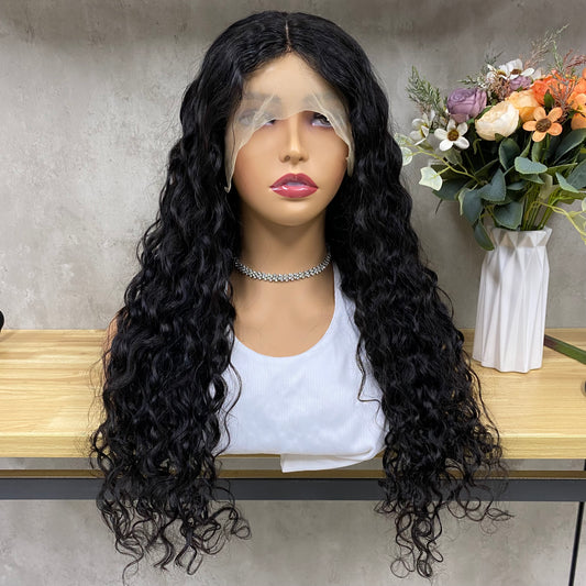 Nature Black Water Wave 13x4 T-Part Lace Frontal Remy Human Hair Wig