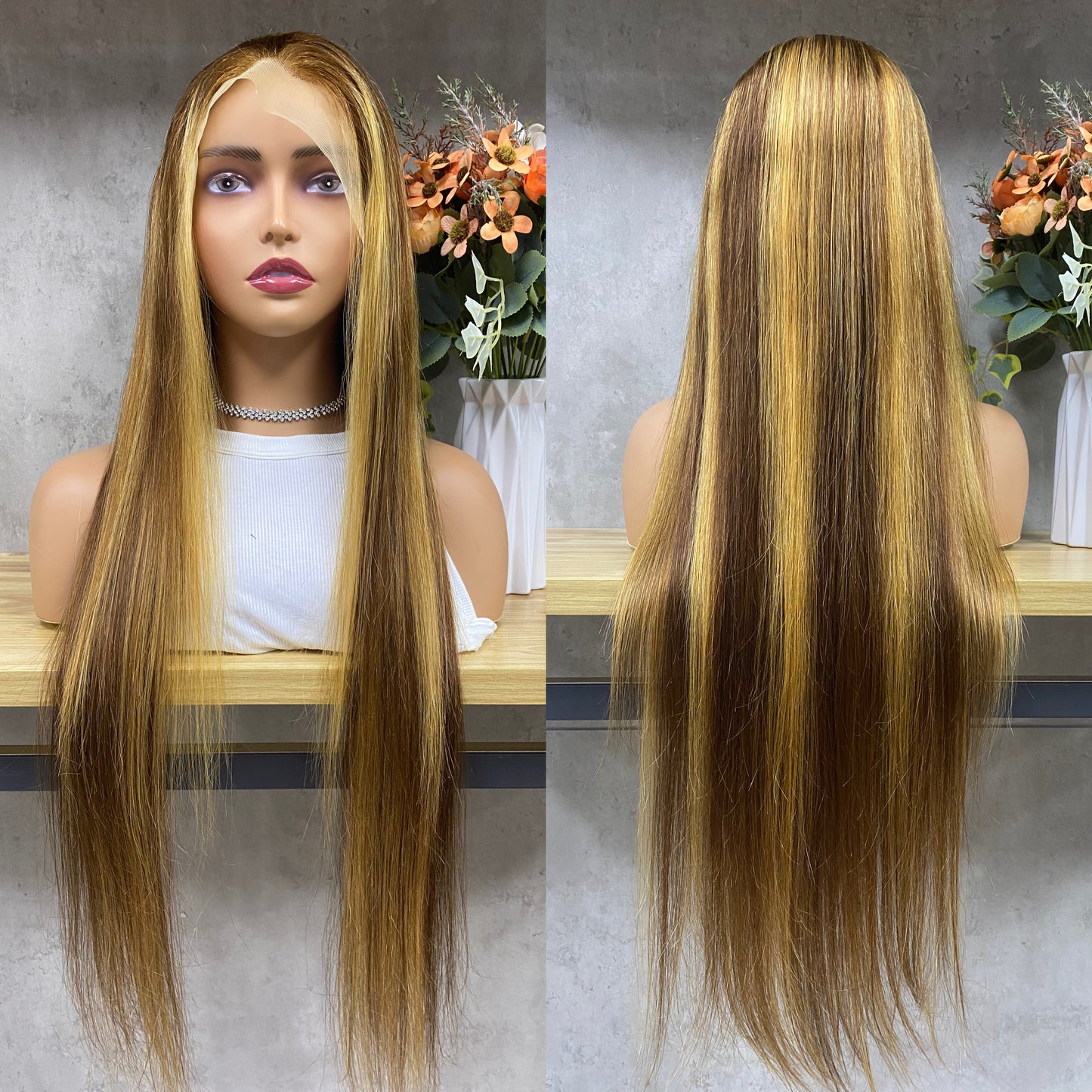 Piano 13x4 Lace Frontal Remy Human Hair Straight Long Hair Pruiken