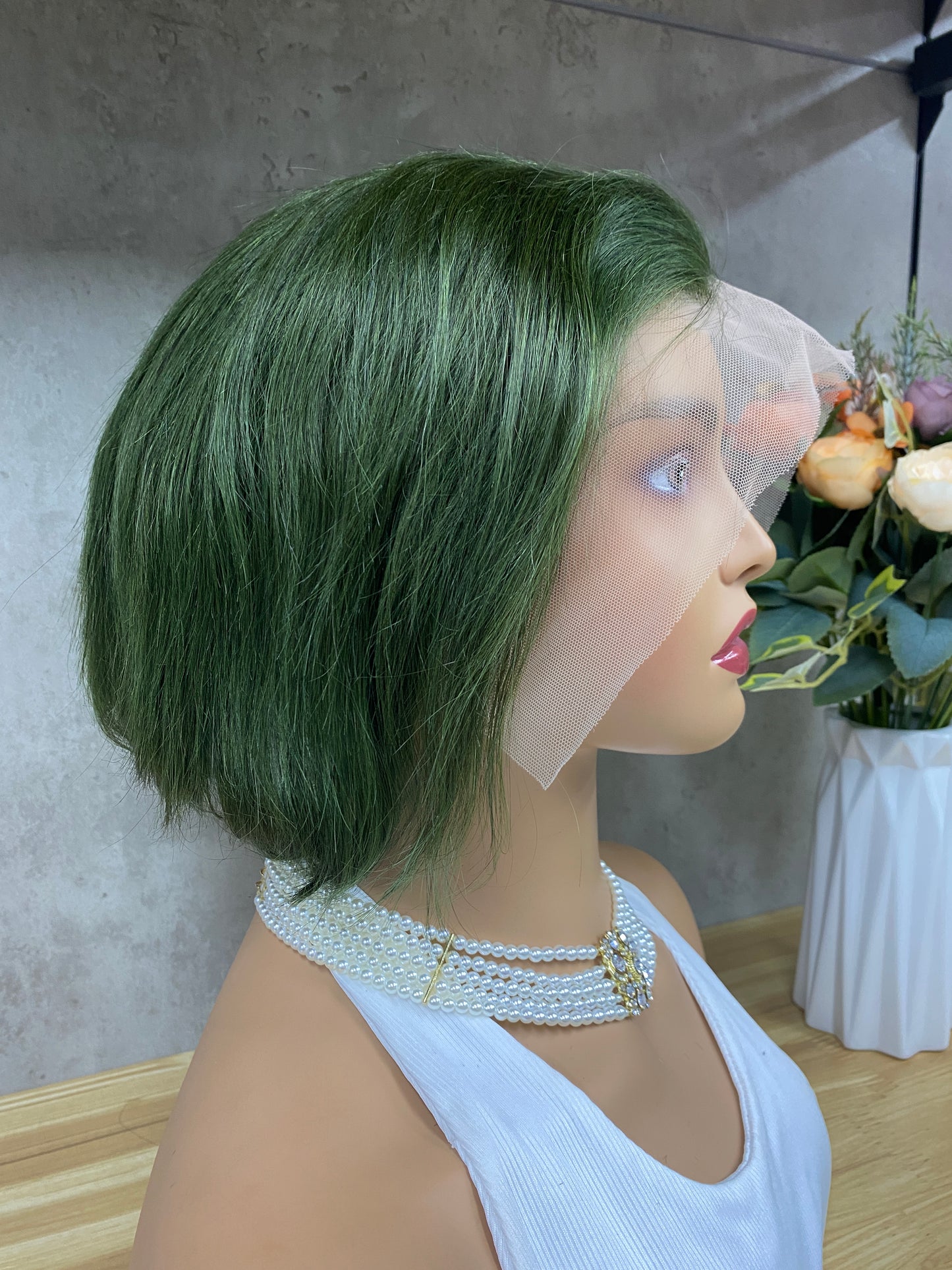 Special Color Dark Green Human Hair Remy Hair Pixie Cut Wig
