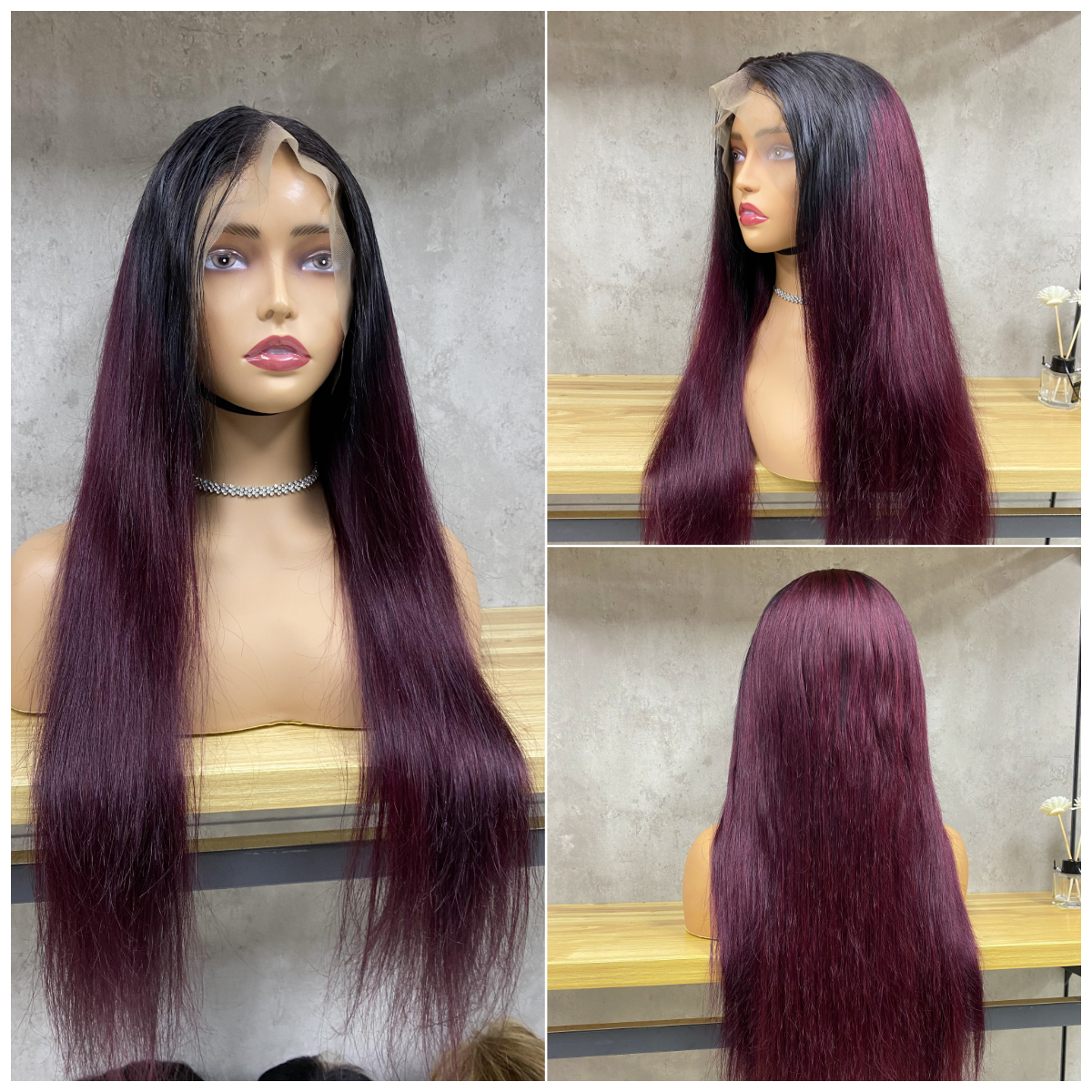 High Quality Omber Burgundy Remy Human Hair 13x4 Lace Frontal Straight Long Hair Wigs