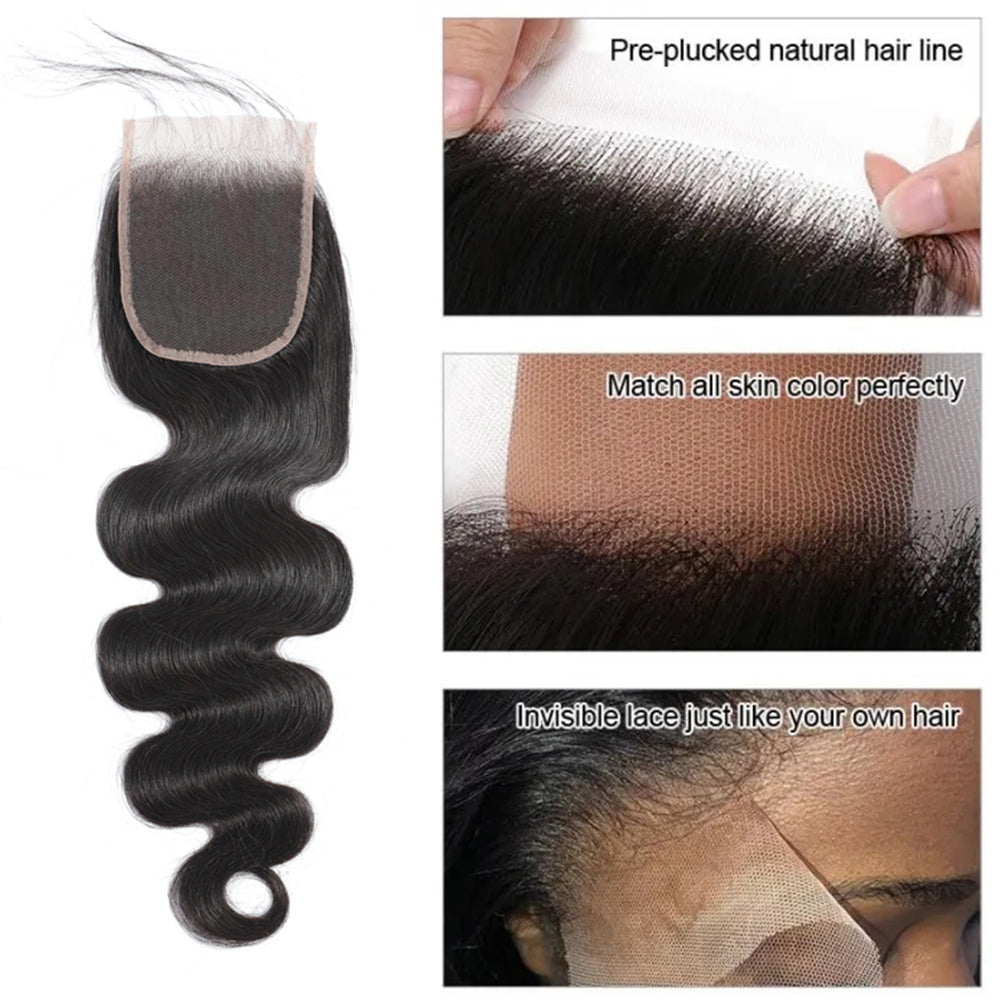 Body Wave Remy Human Hair 3 Bundels Met 4x4 Vetersluiting Natuurlijk Zwart