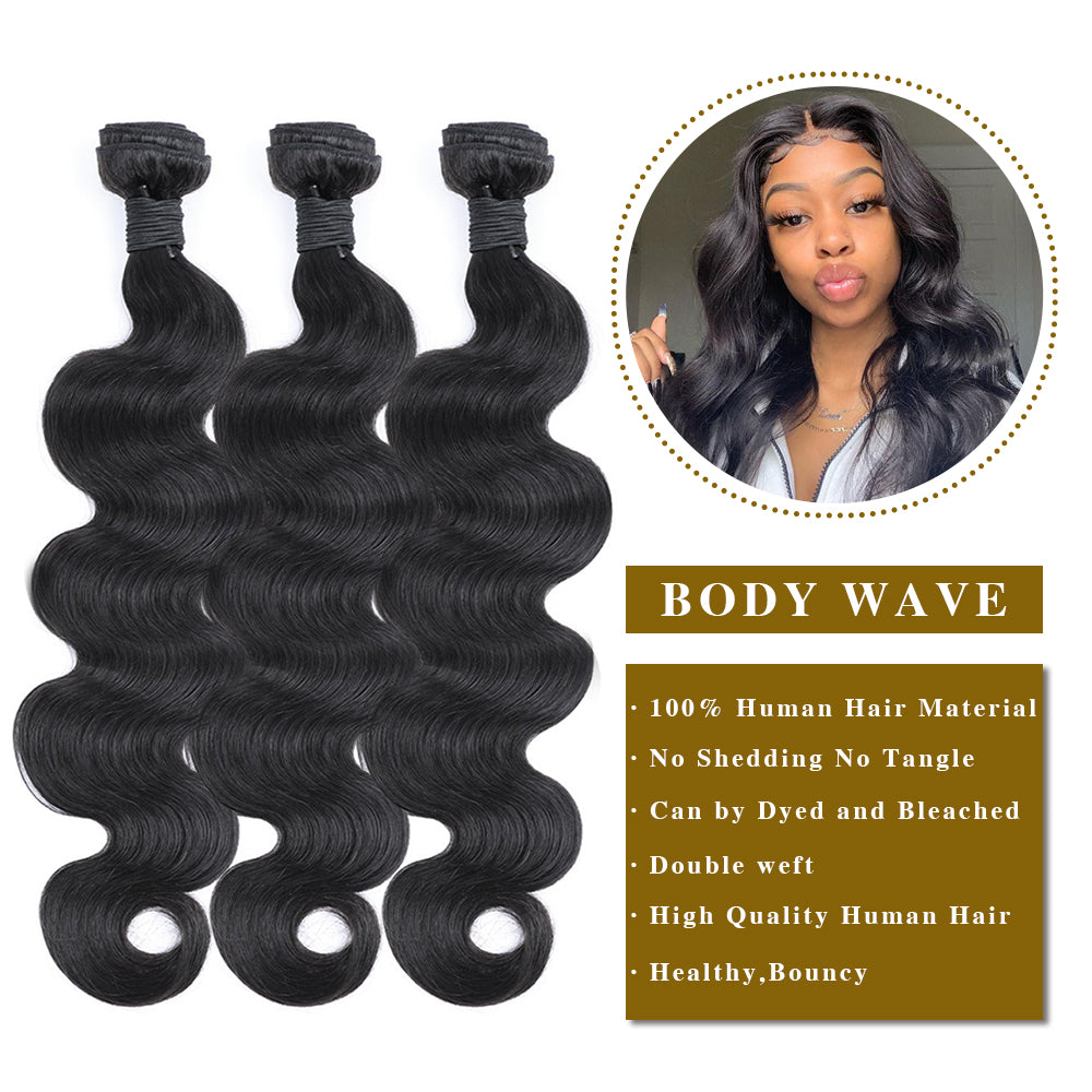 Body Wave Virgin Human Hair 3 Bundles With 4x4 Lace Closure Natural Black