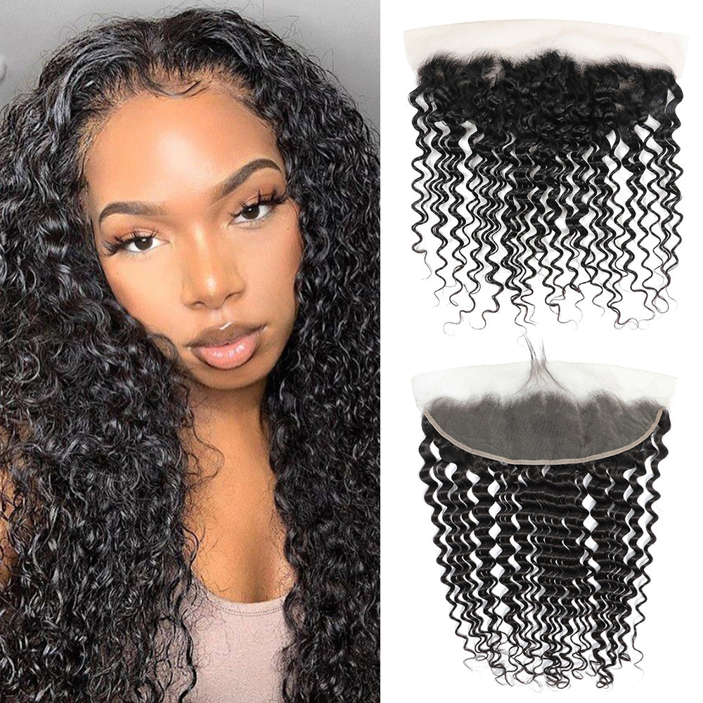 Deep Wave Remy Human Hair 13x4 Lace Frontal Natural Black
