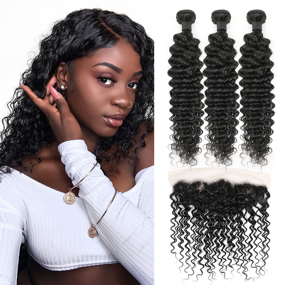 Deep Wave Remy Human Hair 3 Bundles With 13x4 Lace Frontal Natural Black