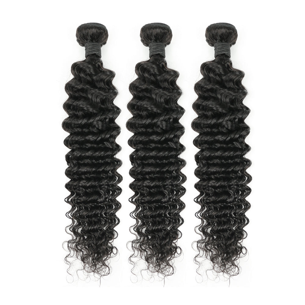 Deep Wave Remy Human Hair 3 Bundels met 13x4 Lace Frontal Natural Black