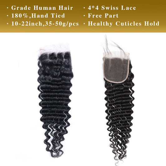 Deep Wave 100% Human Hair 3 Bundles With 4x4 Lace Closure Natural Black
