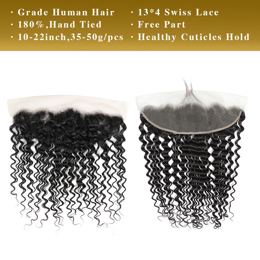 Deep Wave 100% Human Hair 3 Bundles With 13x4 Lace Frontal Natural Black