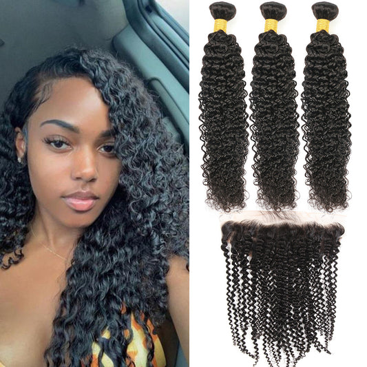 Kinky Curly 100 % Echthaar 3 Bündel mit 13 x 4 Lace Frontal Natural Black