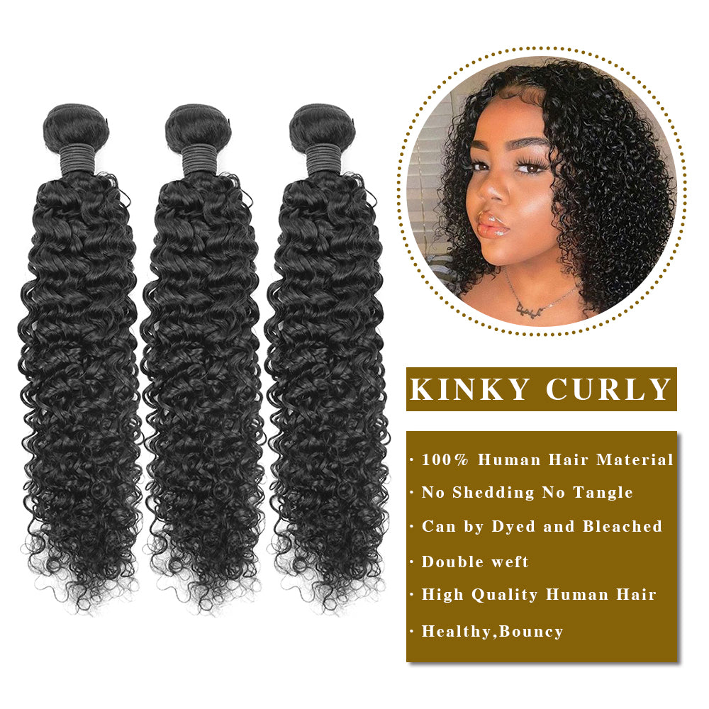 Kinky Krullend Remy Human Hair 3 Bundels Met 13x4 Kant Frontaal Natuurlijk Zwart