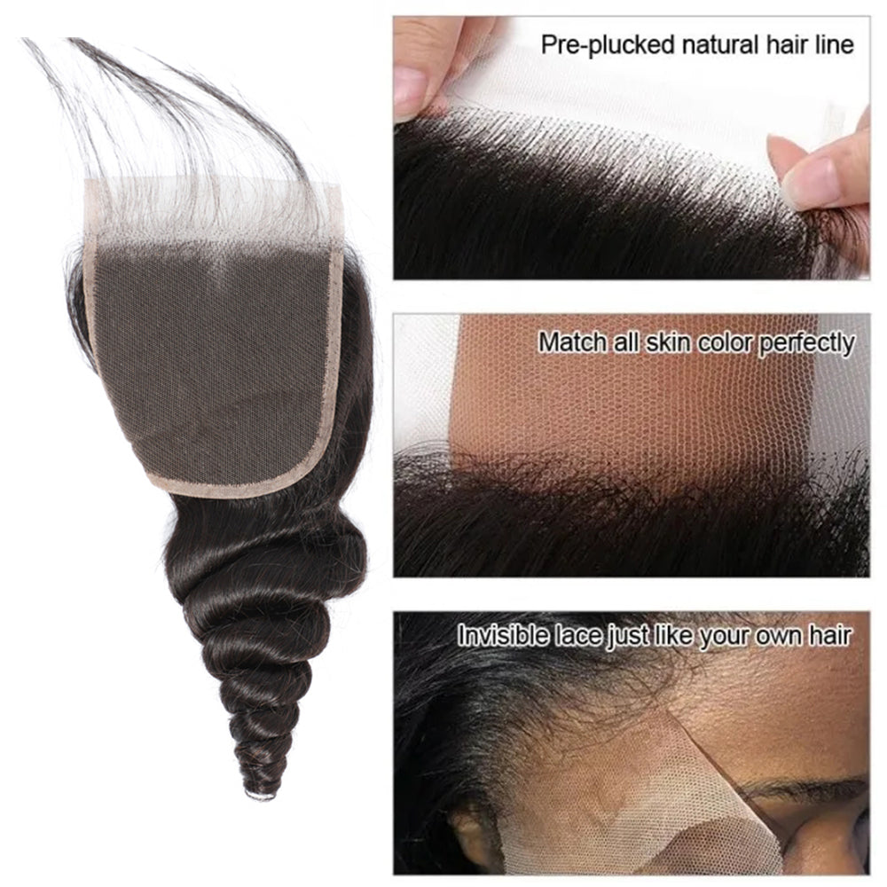 Loose Wave Remy Human Hair 4x4 Lace Closure Natural Black