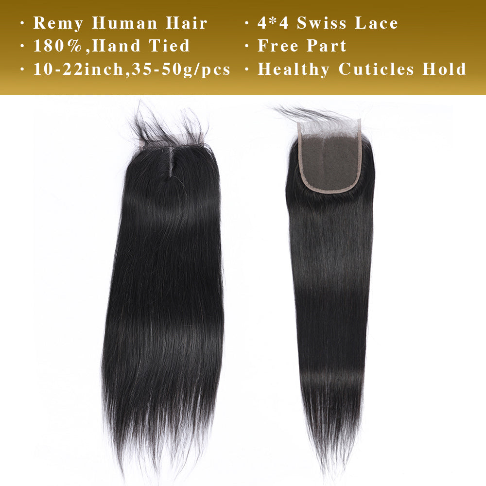 Straight Remy Human Hair 3 Bundles With 4x4 Lace Closure Natural Black