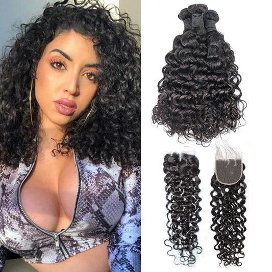 Water Wave Remy Human Hair 3 Bundles With 4x4 Lace Closure Natural Black