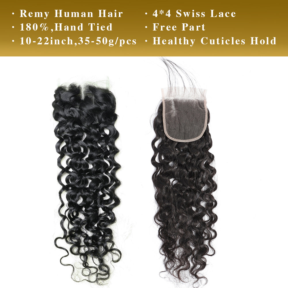 Water Wave Remy Human Hair 3 Bundels Met 4x4 Vetersluiting Natuurlijk Zwart