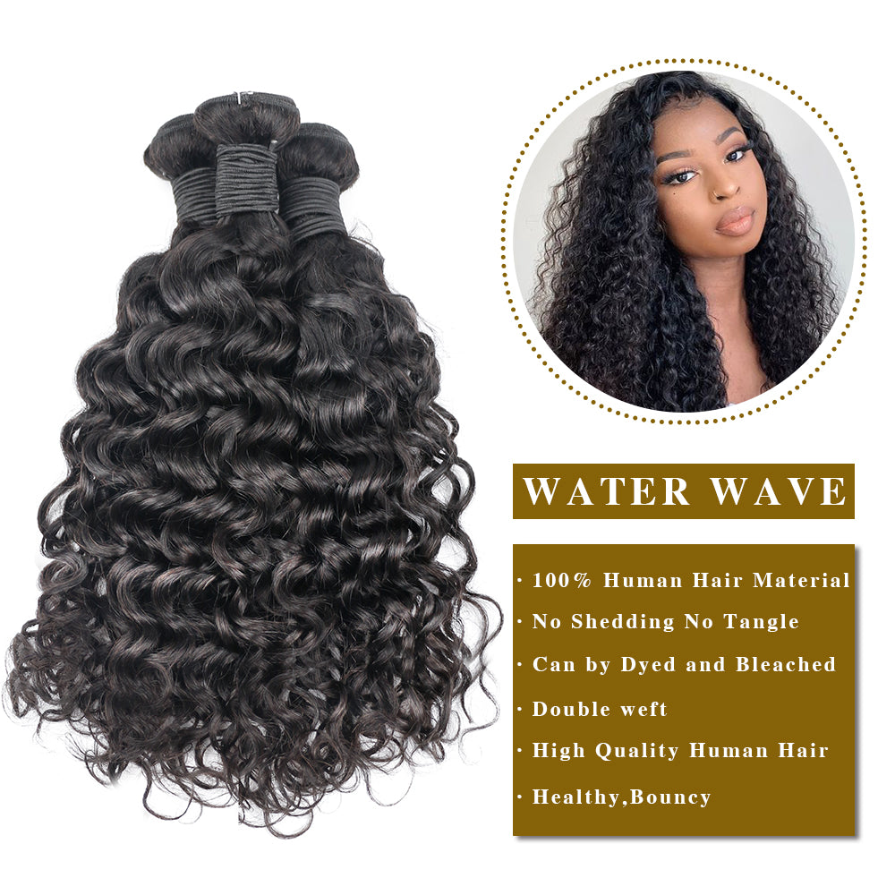 Water Wave 100% Human Hair 3 Bundles With 4x4 Lace Closure Natural Black