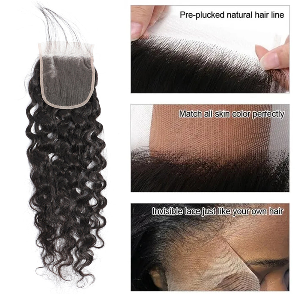 Water Wave Remy Human Hair 4x4 Lace Closure Natural Black